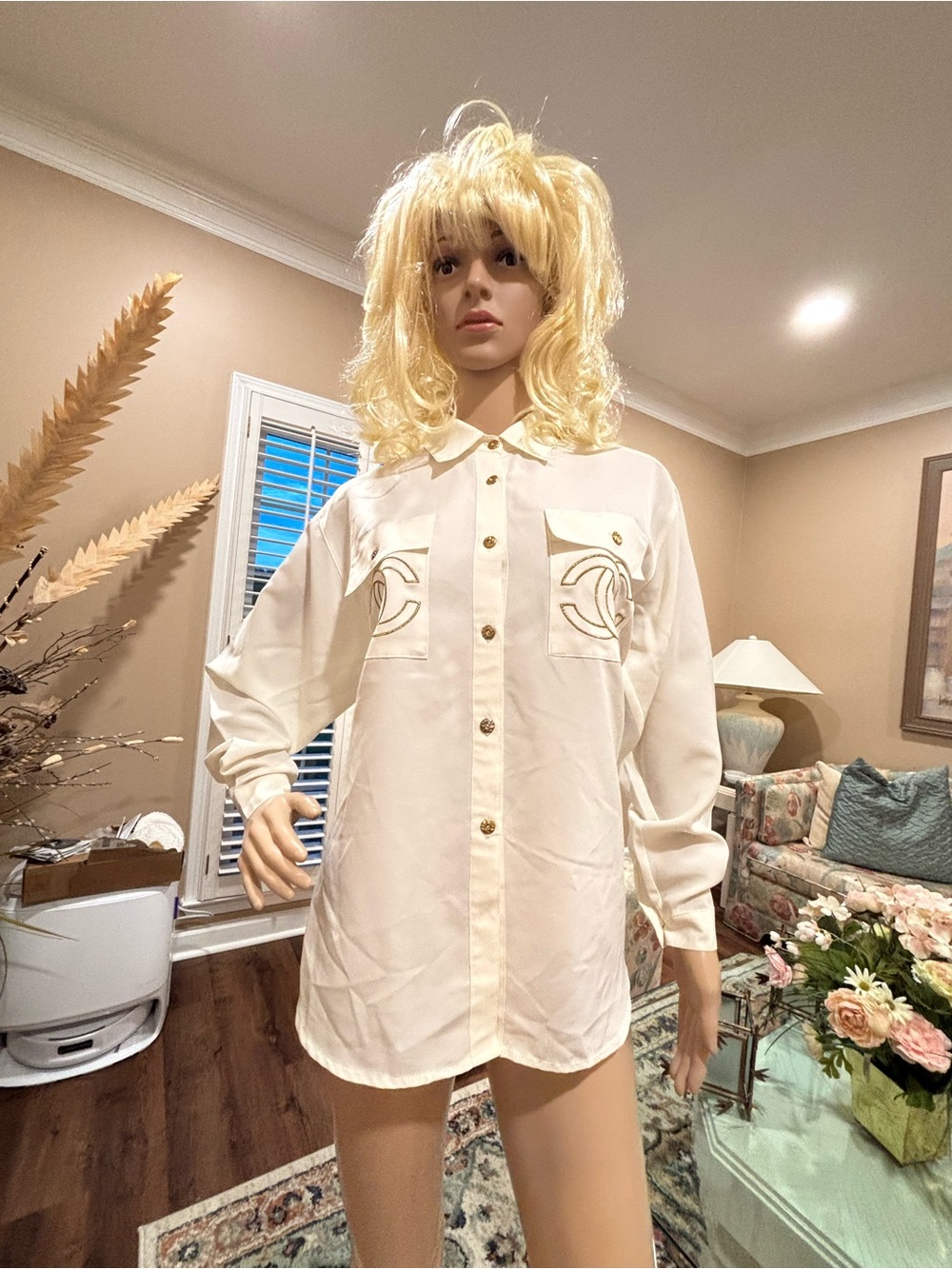 Elegant Cream Button-Up Blouse with Pocket Detail